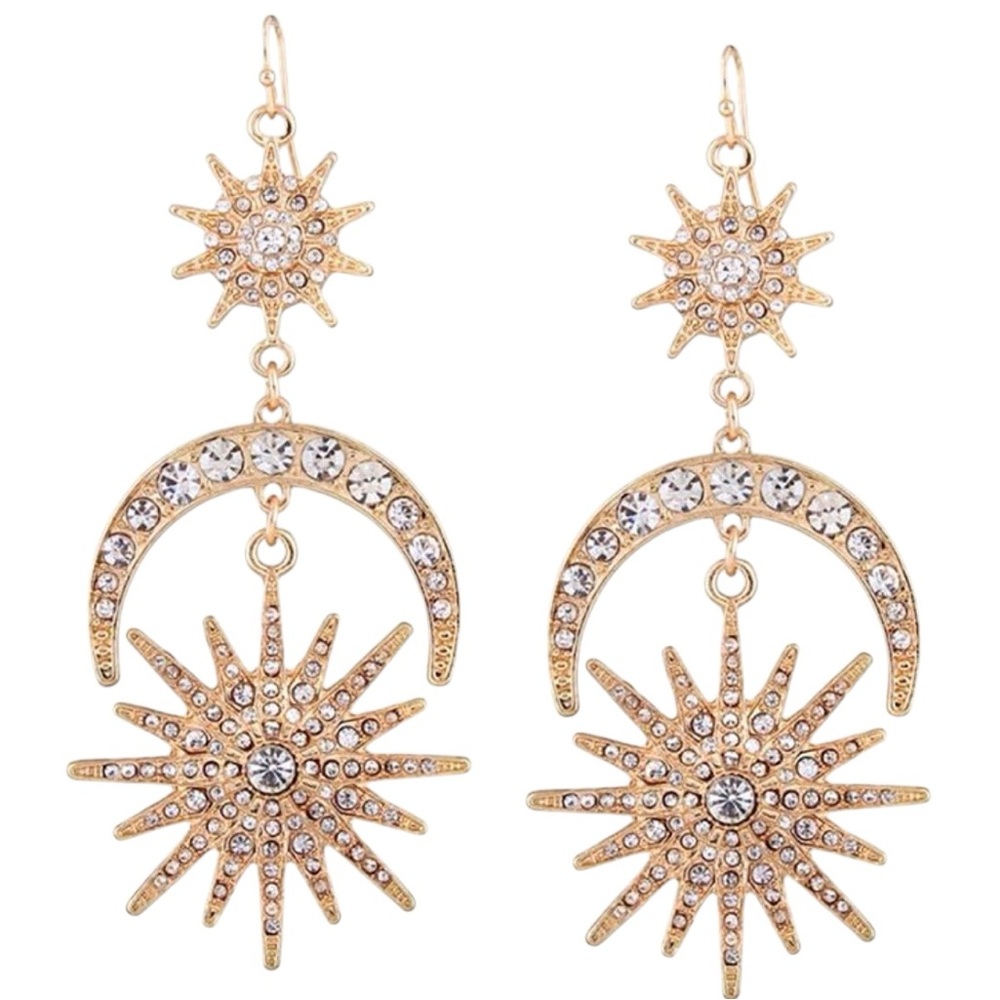 Sun Moon Goldtone Drop Earrings Shiny Rhinestone Ear Hook set